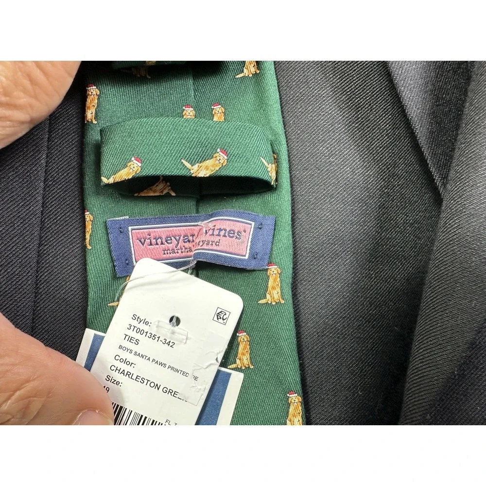 Vineyard vines necktie Boys Santa Paws dog Tie color Charleston Green sz 49‎